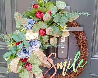 Smile wreath, Monogram Wreath for Year Roud, Front Door Wreath|Rustic Country Farmhouse Wreath, Spring Door Decor
