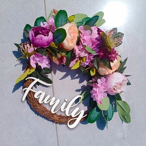 Custom Family Name, Spring and Summer peony wreath, Front door wreath, Housewarming gift, Farmhouse wreath, Peony home decor, Custom Wreath