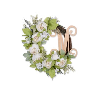 Corona de primavera con monograma / corona de peonía blanca / corona personalizada / corona inicial de madera / decoración de puertas / regalos de cumpleaños