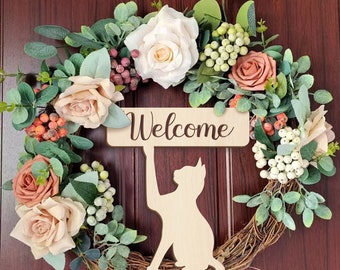 Custom Cat welcome wreath, Front Door Wreaths for Summer, Colorful Year Round Wreath, Gift For Mom, Handcrafted Wreath, Custom Gift