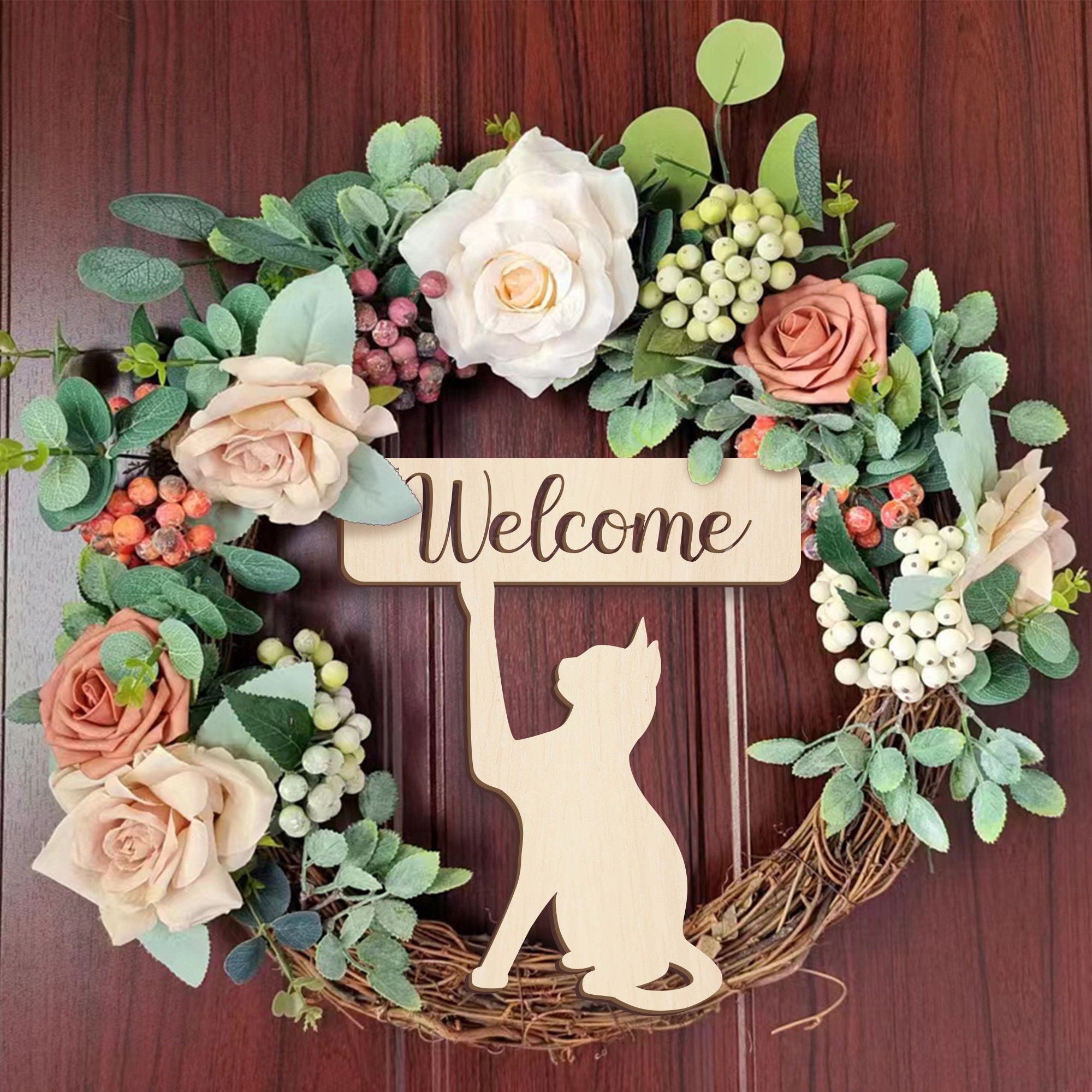 Custom Cat welcome wreath, Front Door Wreaths for Summer, Colorful Year Round Wreath, Gift For Mom, Handcrafted Wreath, Custom Gift