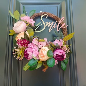 Custom Wreath with Smile Sign, Spring and Summer Peony Wreath, Front Door Wreath, Housewarming Gift, Farmhouse Wreath, Peony Home Decor