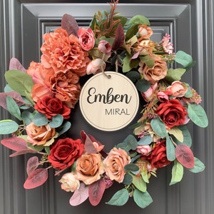 Pink Ranunculus Flowers wreath, Custom Name Wreath, Farmhouse door wreath, Monogram for Nursery, Wreath for front door
