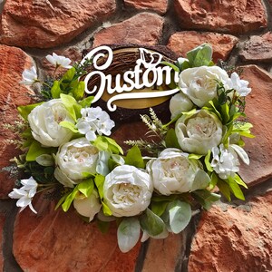 Aangepaste tekstkrans, witte pioenkrans, witte en groene krans, pioenrooskrans, hortensiakrans, krans voor de lente, krans voor het hele seizoen