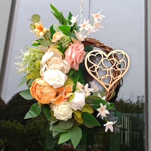 Heart wreath, year round greenery wreath for Front door, Pantry wreath, Heart Wooden sign, Mother’s Day, window decor, Summer Wreath