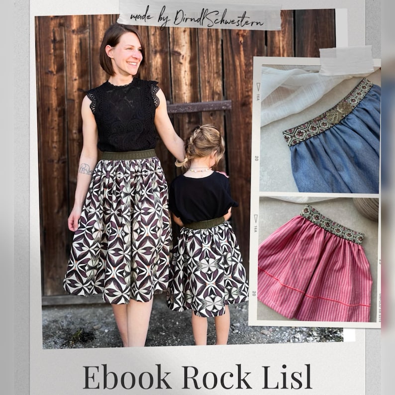 May include: A woman and child wearing matching skirts with a geometric pattern in white, black, and burgundy. The skirts have a green waistband. The woman wears a black lace top. The image includes the text "Ebook Rock Lisl".