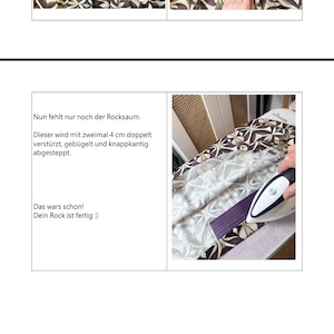 May include: A step-by-step guide to sewing a skirt. The image shows the skirt in progress, with the elastic waistband and fabric details. The text in the image provides sewing tips and instructions.