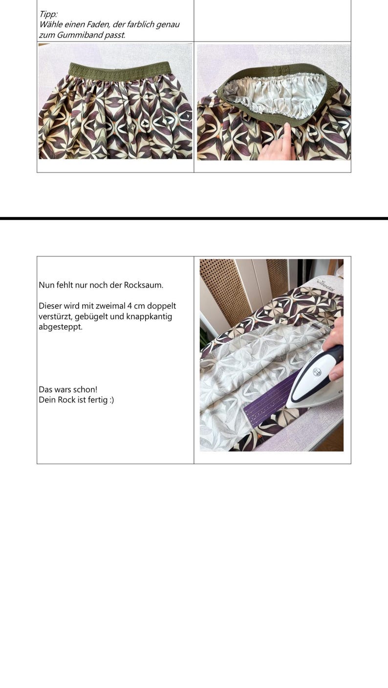 May include: A step-by-step guide to sewing a skirt. The image shows the skirt in progress, with the elastic waistband and fabric details. The text in the image provides sewing tips and instructions.