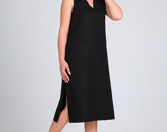 Midi Casual Sommer Schwarz Leinen Kleid, Sonnen Kleid, Sommer Kleid, Frühling Kleid, Strand Kleid, Casual Kleid, Ärmelloses Kleid, Midi Leinen Kleid