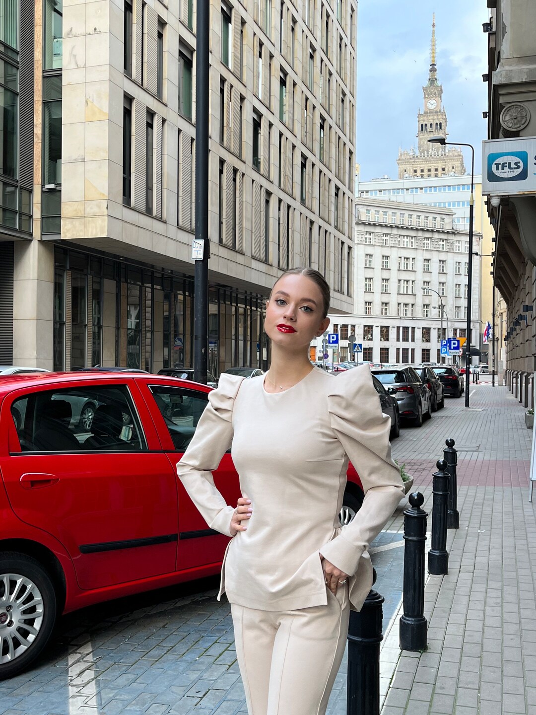 Two Piece Women Beige Suit, Long Sleeve Blouse With Basque & Boot Cut ...
