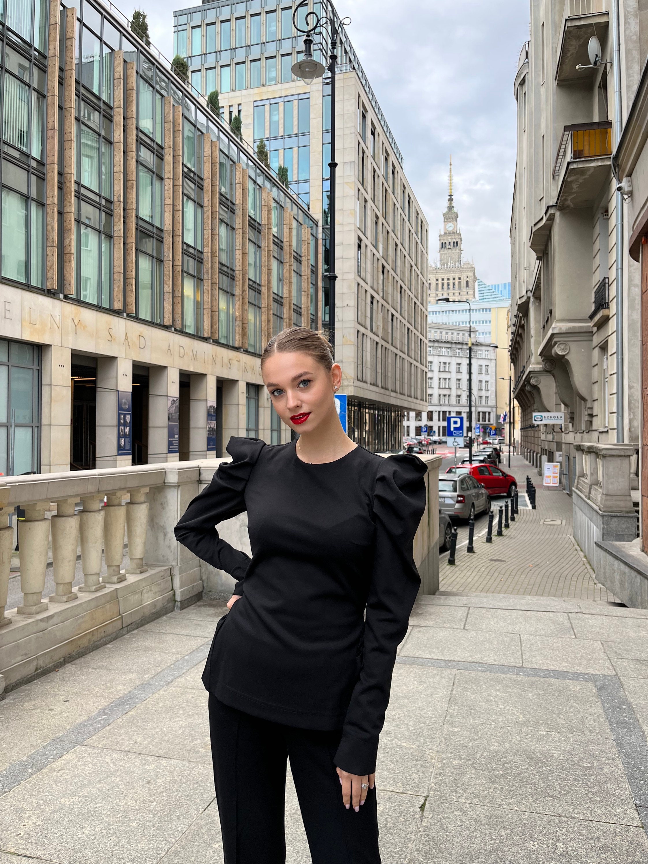 Two Piece Women Black Suit, Long Sleeve Blouse With Basque & Boot Cut ...