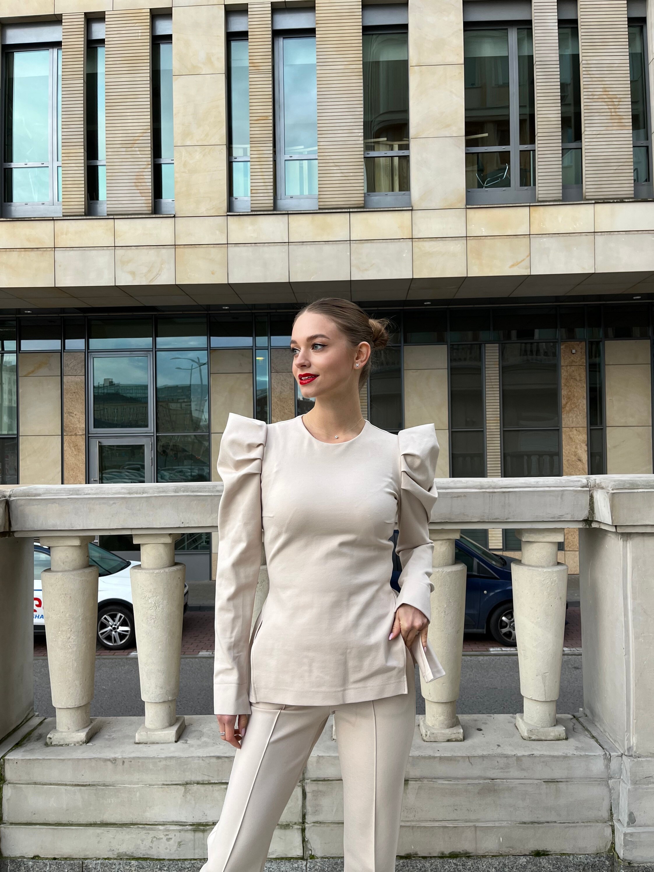 Two Piece Women Beige Suit, Long Sleeve Blouse With Basque & Boot Cut ...