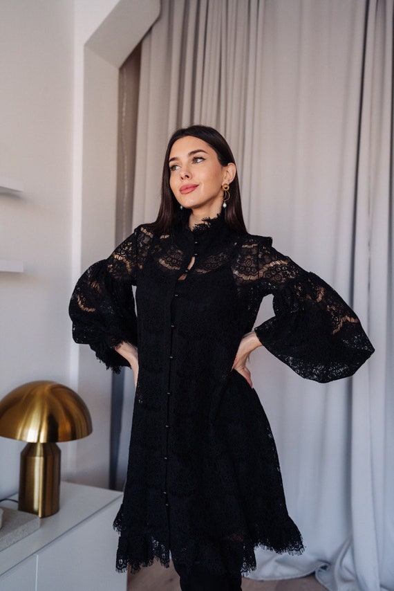 Mini Vintage Long Sleeve Black Lace Dress Small Black Dress Elegant Dress Evening Dress Prom Dress Wedding Guest Dress Birthday Dress Etsy UK
