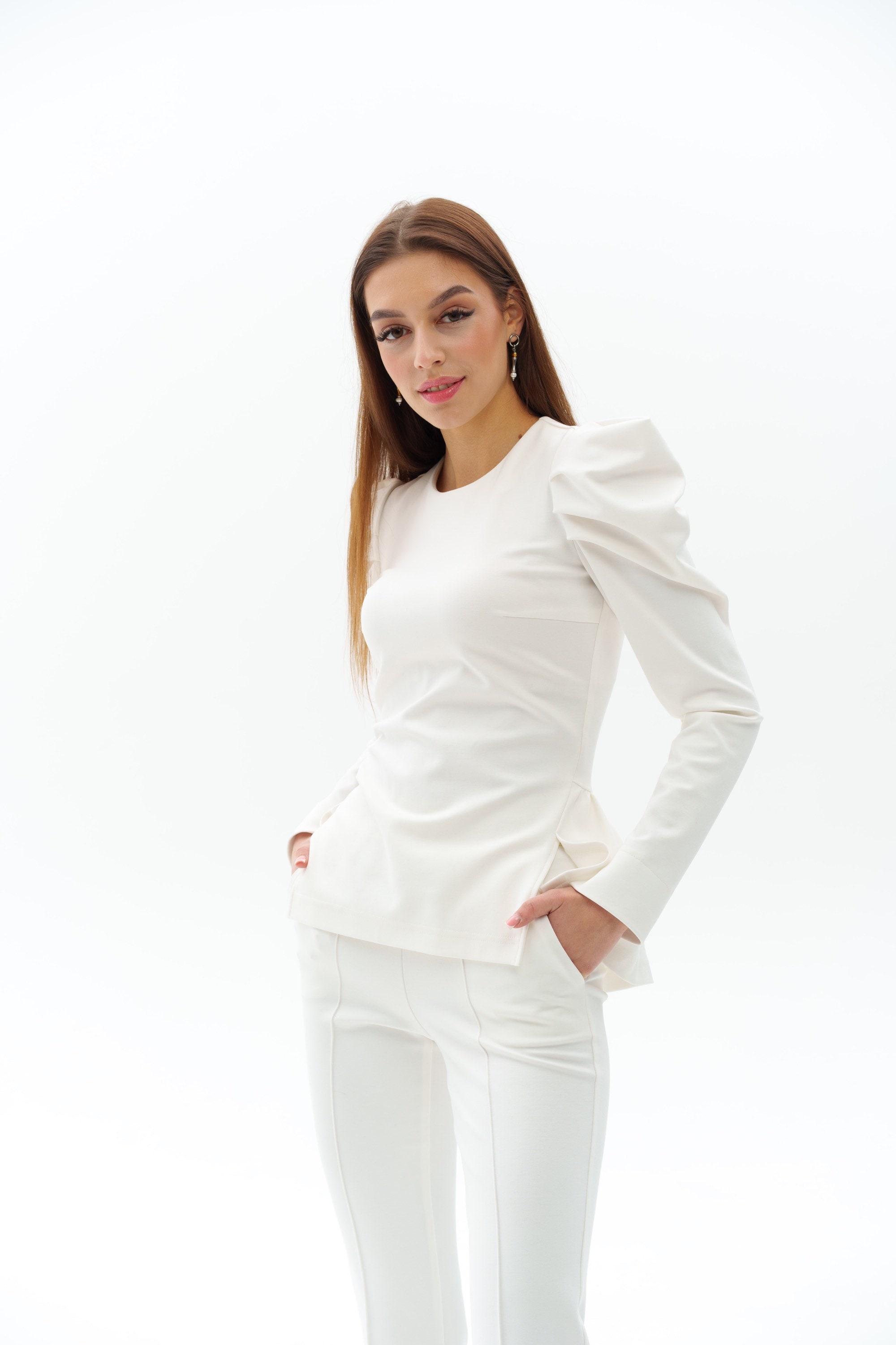 Two Piece Women White Suit, Long Sleeve Blouse With Basque & Boot Cut ...
