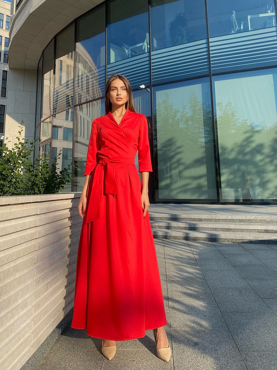Maxi Wrap Long Sleeve Red Dress, Elegant Dress, Formal Dress, Evening ...
