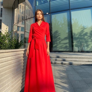 Maxi Wrap Long Sleeve Red Dress, Elegant Dress, Formal Dress, Evening Dress, Long Red Dress, Prom Dress, Wedding Guest Dress, Summer Dress