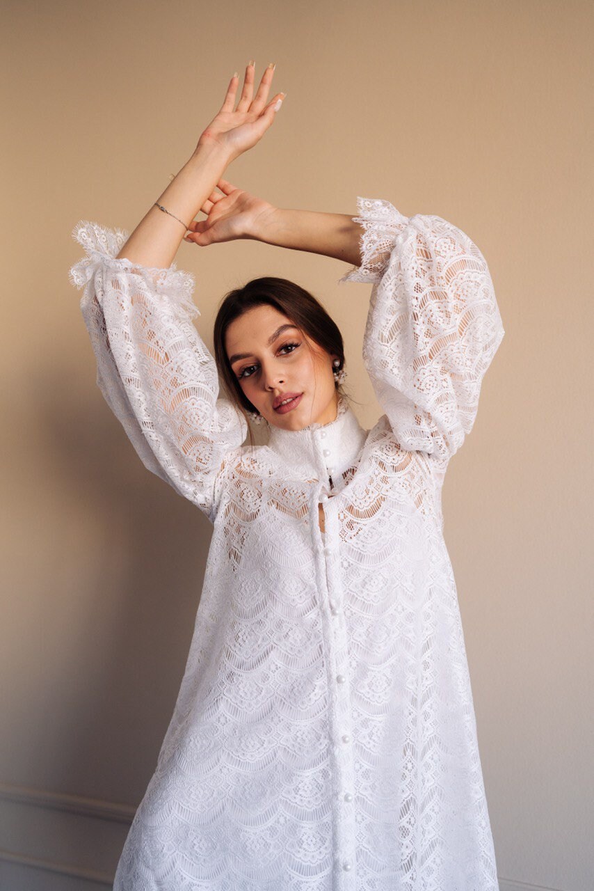 white lace dress with sleeves Modest V-neck White Lace Long Sleeves Wedding Dress with Beading US12 / As Picture