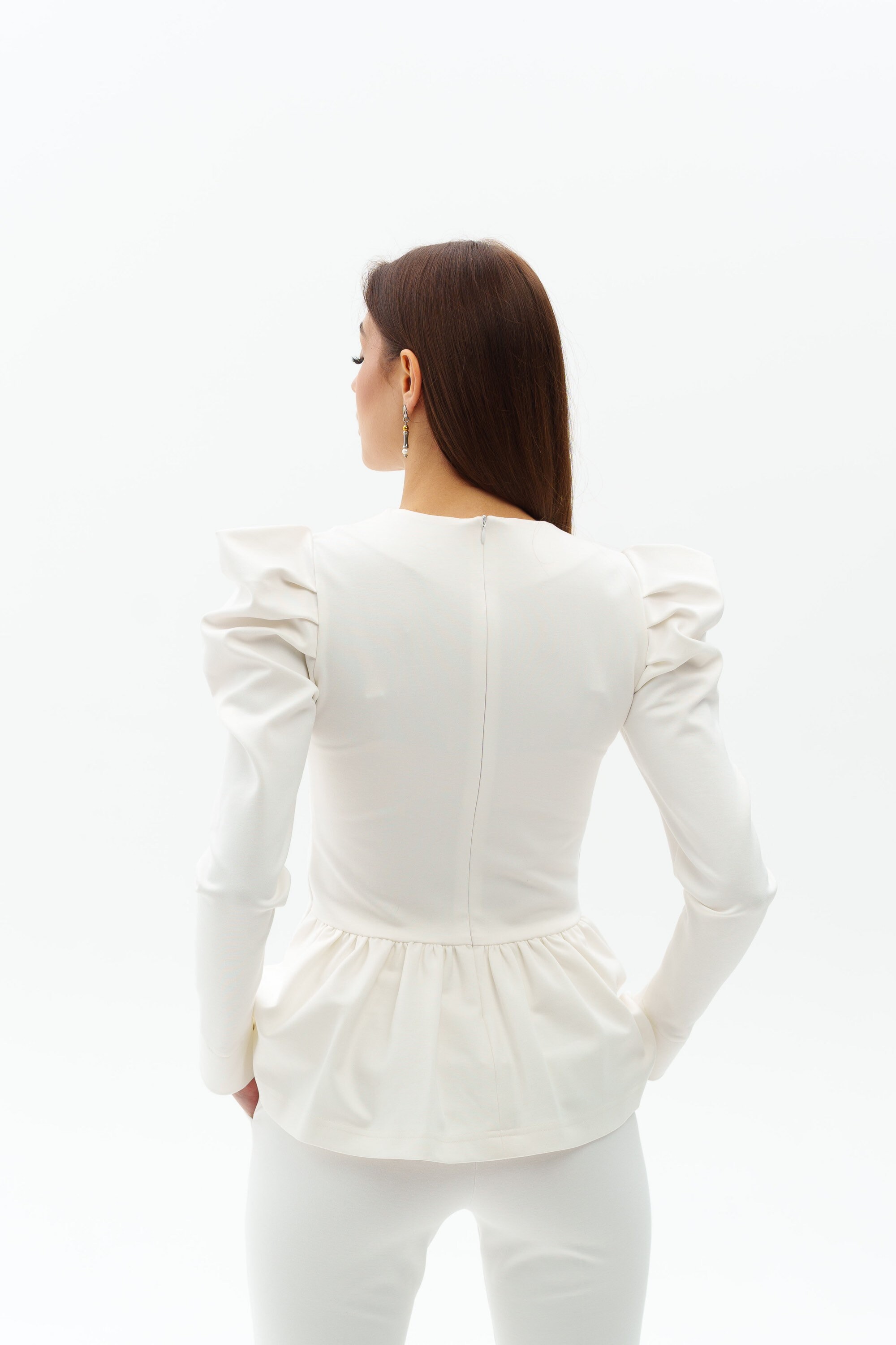 Two Piece Women White Suit, Long Sleeve Blouse With Basque & Boot Cut ...