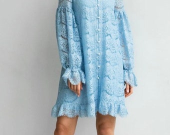 Mini Vintage Long Sleeve Blue Lace Dress, Small, Blue Dress, Elegant Dress, Evening Dress, Prom Dress, Wedding Guest Dress, Birthday dress