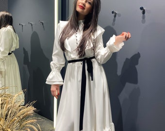 Maxi Vintage Sukienka z Długim Rękawem Biała, Elegancka Sukienka, Formalna Sukienka, Suknia Wieczorowa, Biała Sukienka, Sukienka Balowa, Suknia Dla Gości Weselnych, Sukienka Letnia