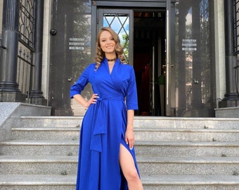 Maxi Wrap Long Sleeve Blue Dress, Elegant Dress, Formal Dress, Evening Dress, Long Blue Dress, Prom Dress, Wedding Guest Dress, Summer Dress