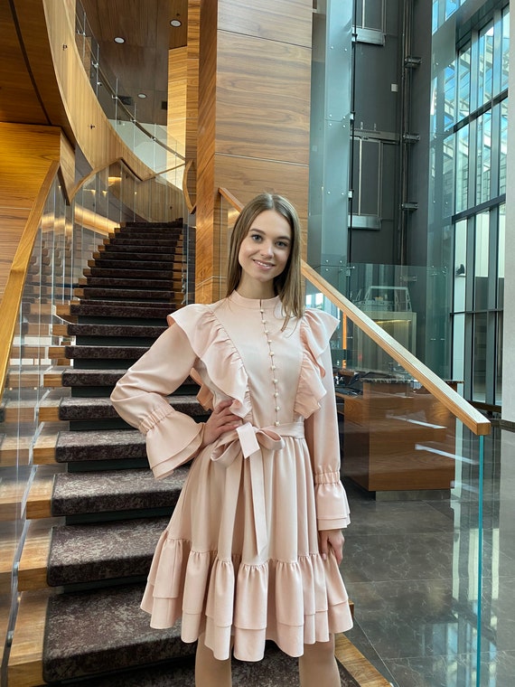 Mini Vintage Long Sleeve Pink Dress, Mini Dress, Elegant Dress, Evening Dress, Pink Dress, Prom Dress, Wedding Guest Dress, Birthday Dress