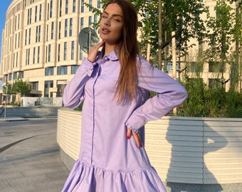 Mini A Line Long Sleeve Purple Cotton Dress, Mini Dress, Purple Dress, Shirt Dress, Collared Shirt Dress, Summer Dress, Casual Dress