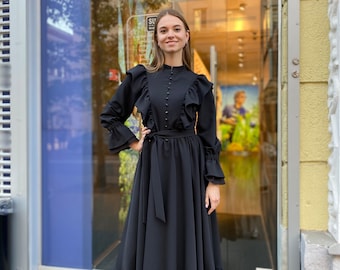 Maxi Vintage Langarm Schwarzes Kleid, Elegantes Kleid, Formelles Kleid, Abendkleid, Schwarzes Kleid, Abschlussball Kleid, Hochzeitsgast Kleid, Sommerkleid