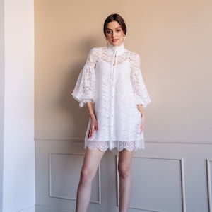 Mini Vintage Long Sleeve White Lace Dress, Small, White Dress, Elegant Dress, Evening Dress, Prom Dress, Wedding Guest Dress, Wedding Dress