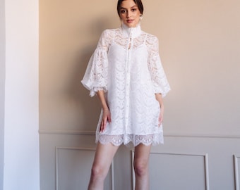 Mini vestido de encaje blanco de manga larga vintage, pequeño, vestido blanco, vestido elegante, vestido de noche, vestido de fiesta, vestido de invitados de boda, vestido de novia