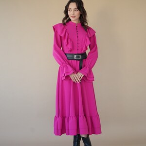Maxi Vintage Long Sleeve Fuchsia Dress, Elegant Dress, Formal Dress, Evening Dress, Prom Dress, Wedding Guest Dress, Summer Dress