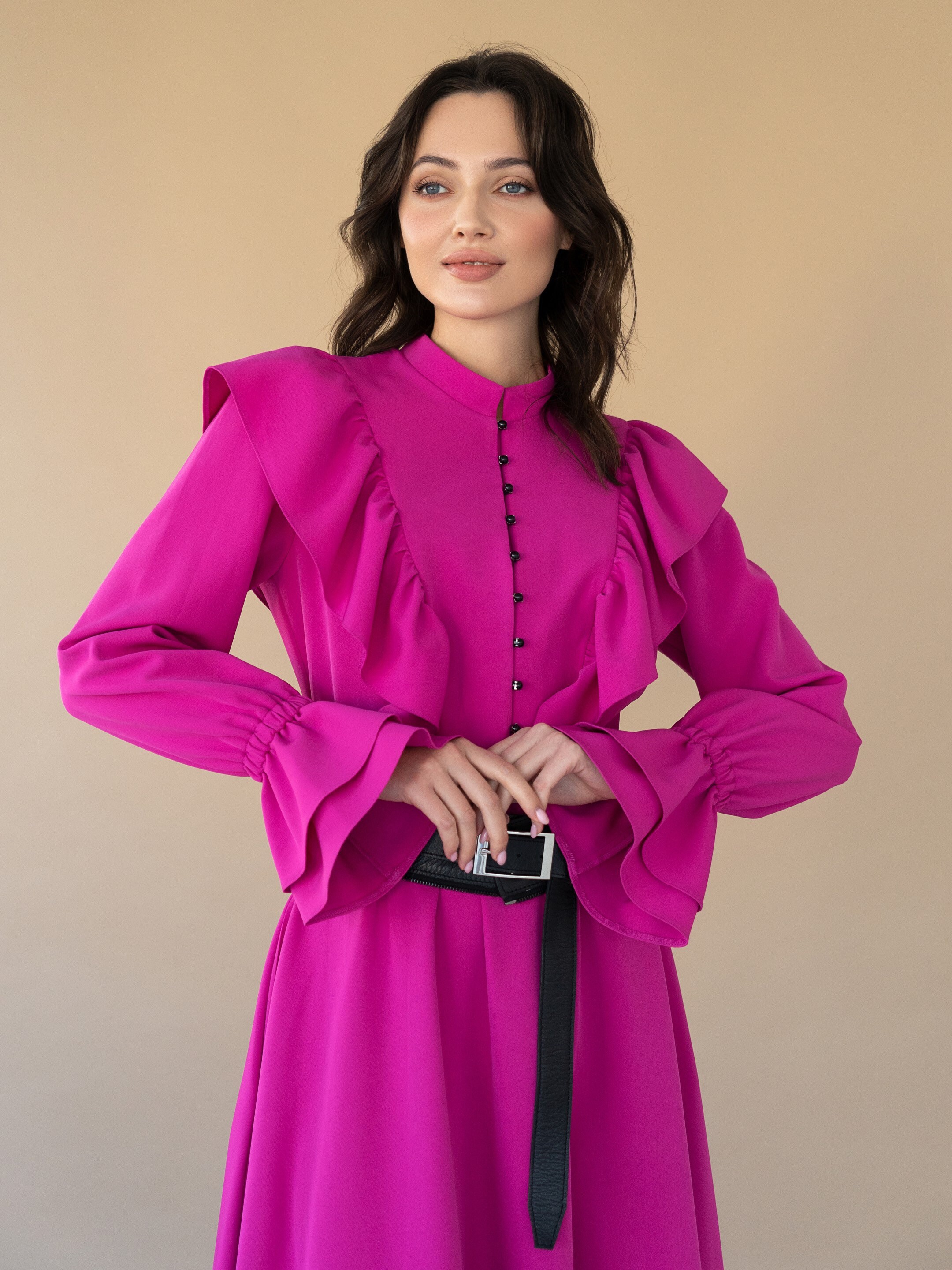 fitted lace wedding dress Sequins High Neck Long Sleeves Fuchsia Pleated Long Formal Dress with Split main image 0