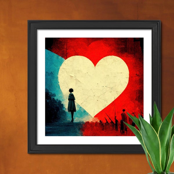 Make Love Not War, Blue Red Abstract Heart Wall Art Print from Original Painting, Heart Artwork, Empower Art with a Message, Unique Decor