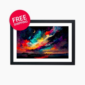 Colorful Moon Starry Night Print, Abstract Night View Scenic Print, Magical Rainbow Clouds Dreamy Wall Art, Teens Girlie Over Bed Decor