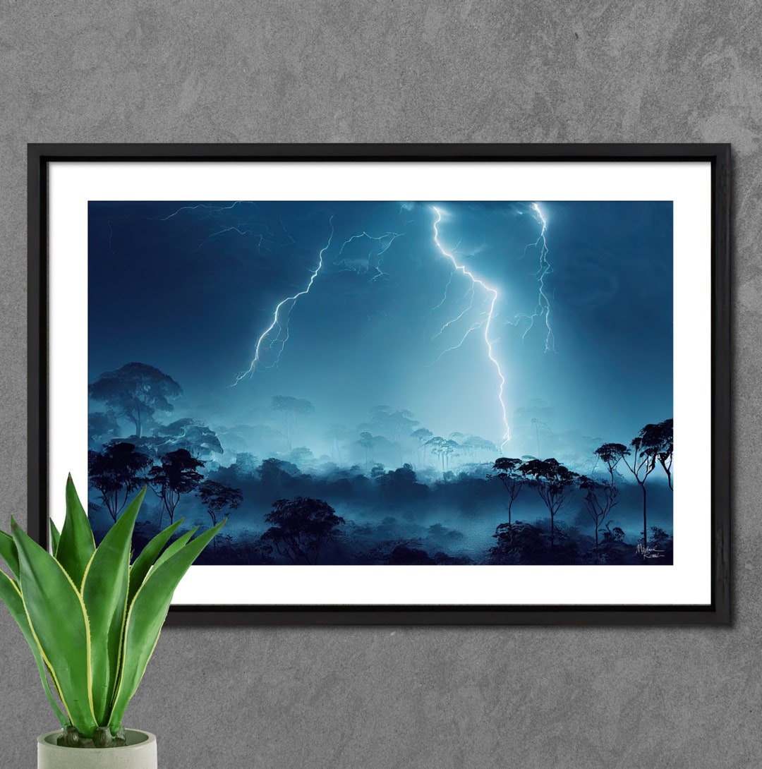 Lightning Strike Thunderstorm Wall Art Print, Moody Wall Art, Lightning Bolt Night Sky Landscape