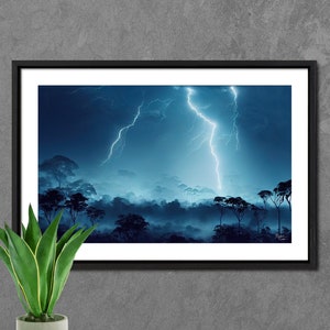 Lightning Strike Thunderstorm Wall Art Print, Moody Wall Art, Lightning Bolt Night Sky Landscape Poster, Electricity Flashy Weather Art