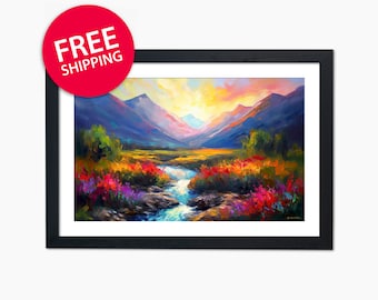 Colorado Print of Original Watercolor, Floral Landscape, Mountain Wall Art, Colorado Landscape Wall Art, Spring Landscape, Stream Print