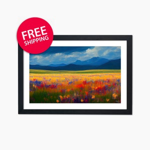 Rocky Mountains National Park Colorado Wall Art Print, Beautiful Landscape Field of Flowers Mountains, Cloudy Sky Print, Nature Decor