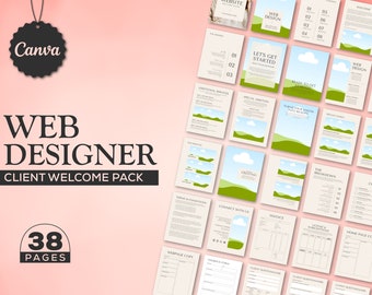 Puede incluir: Una plantilla de Canva para un paquete de bienvenida al cliente para un diseñador web. La plantilla incluye 38 páginas con un esquema de color verde y azul. Las páginas incluyen secciones para el diseño de sitios web, cuestionarios para clientes y un desglose de los servicios.