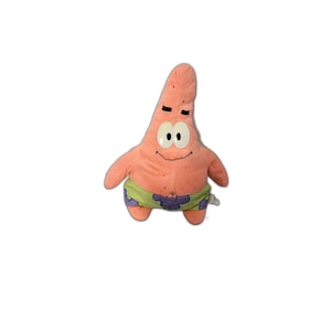 May include: A plush toy of Patrick Star from the animated series Spongebob Squarepants. The toy is pink with a smiling face, two black eyes, and green and purple patterned shorts. The toy is soft and cuddly.