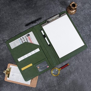 Personalized A4 Green Vegan Leather Portfolio, Leather Padfolio with Clipboard, Custom Portfolio for Men, Document Holder, Graduation Gift