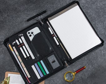 Personalisierte schwarze Vegan Leder Mappe für Ihn, Personalisierte Mappe für Männer, Professionelle Organizer Folio mit Reißverschluss, Geschäftsgeschenk