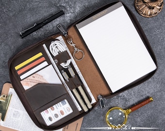 Personalized Name&Logo Genuine Leather Portfolio for Men, A5 Notebook Journal Cover with Zipper, Custom Padfolio Bag, Business Gifts for Him