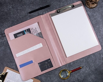 Women's Personalized Pink Pu Leather Padfolio, Leather Office Organizer with Clipboard, Portfolio with A4 Notepad, Gifts for Her