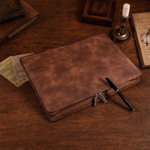 May include: A rectangular brown leather-like portfolio case with a smooth, mottled texture and a zippered closure. A sleek black fountain pen with gold-tone accents rests diagonally across the top surface of the closed case.