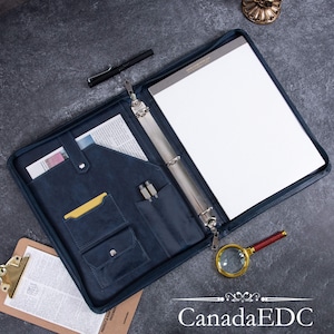 3-Ring Binder Navy Blue Pu Leather Portfolio for Men,A4 Engraved Name &Logo Leather Padfolio, Refillable Document Holder, Graduation Gift