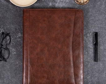 Personalized Dark Brown Pu Leather Portfolio with 3-Ring Binder,A4 Custom Leather Portfolio,Refillable Document Holder for Him,Business Gift