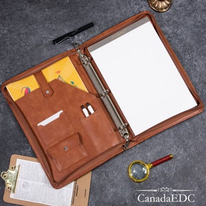 Portfólio personalizado de couro PU marrom vintage, fichário A4 com 3 argolas e nome e logotipo, portfólio personalizado para gerentes masculinos, presente executivo
