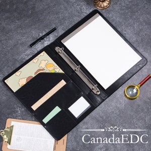 Bloc-notes A4 personnalisé en cuir synthétique polyuréthane noir pour lui, carnet de notes en cuir personnalisé, portefeuille pour homme avec classeur à 3 anneaux, cadeau de rentrée unique