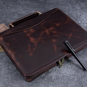 Portfólio de couro genuíno personalizado com alça, padfólio de couro de cera de óleo A4, porta-documentos com zíper, estojo de bolsa personalizado, presentes para ele